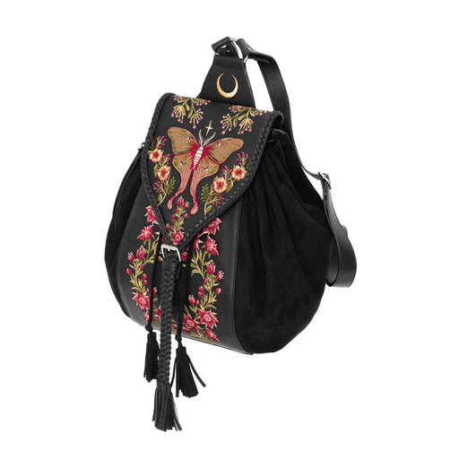 Mochila tipo bohemio con bordado de polilla, plantas y lunas acabado en cuero y ante sintéticos de restyle vista ángulo