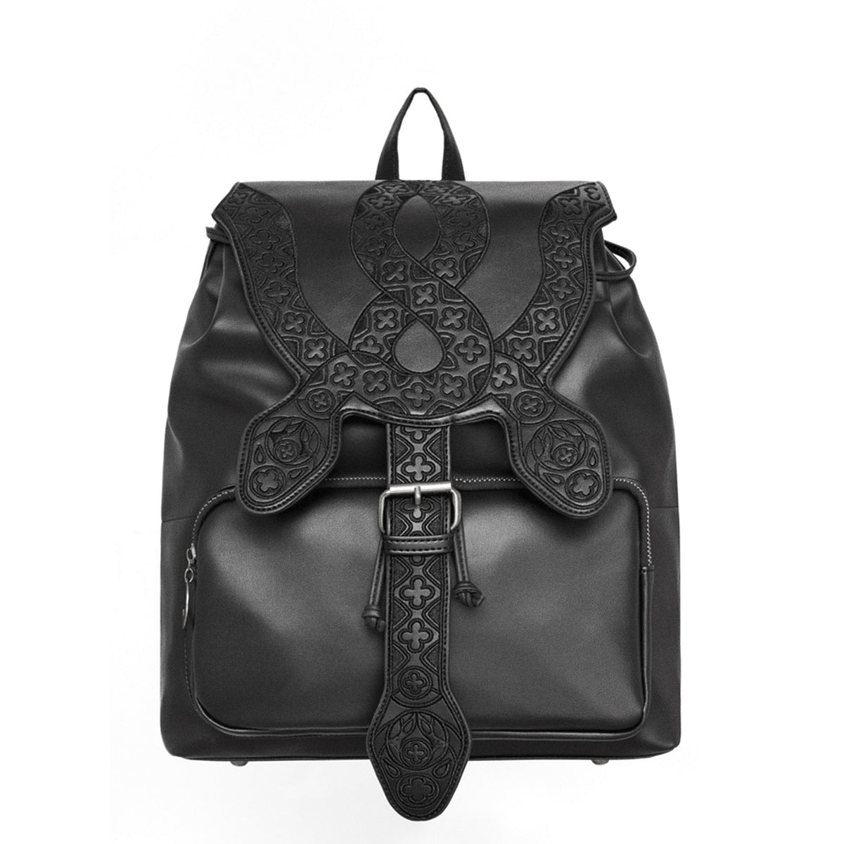 Mochila con solapa en forma de serpiente bordada con motivos inspirados en las catedrales vista frontal