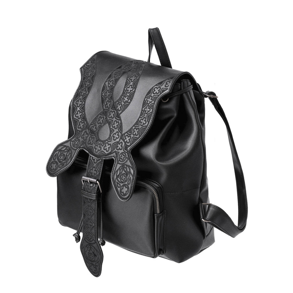 Mochila con solapa en forma de serpiente bordada con motivos inspirados en las catedrales vista ángulo