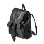 Mochila con solapa en forma de serpiente bordada con motivos inspirados en las catedrales vista ángulo