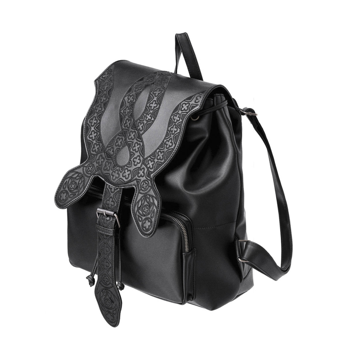 Mochila con solapa en forma de serpiente bordada con motivos inspirados en las catedrales vista ángulo