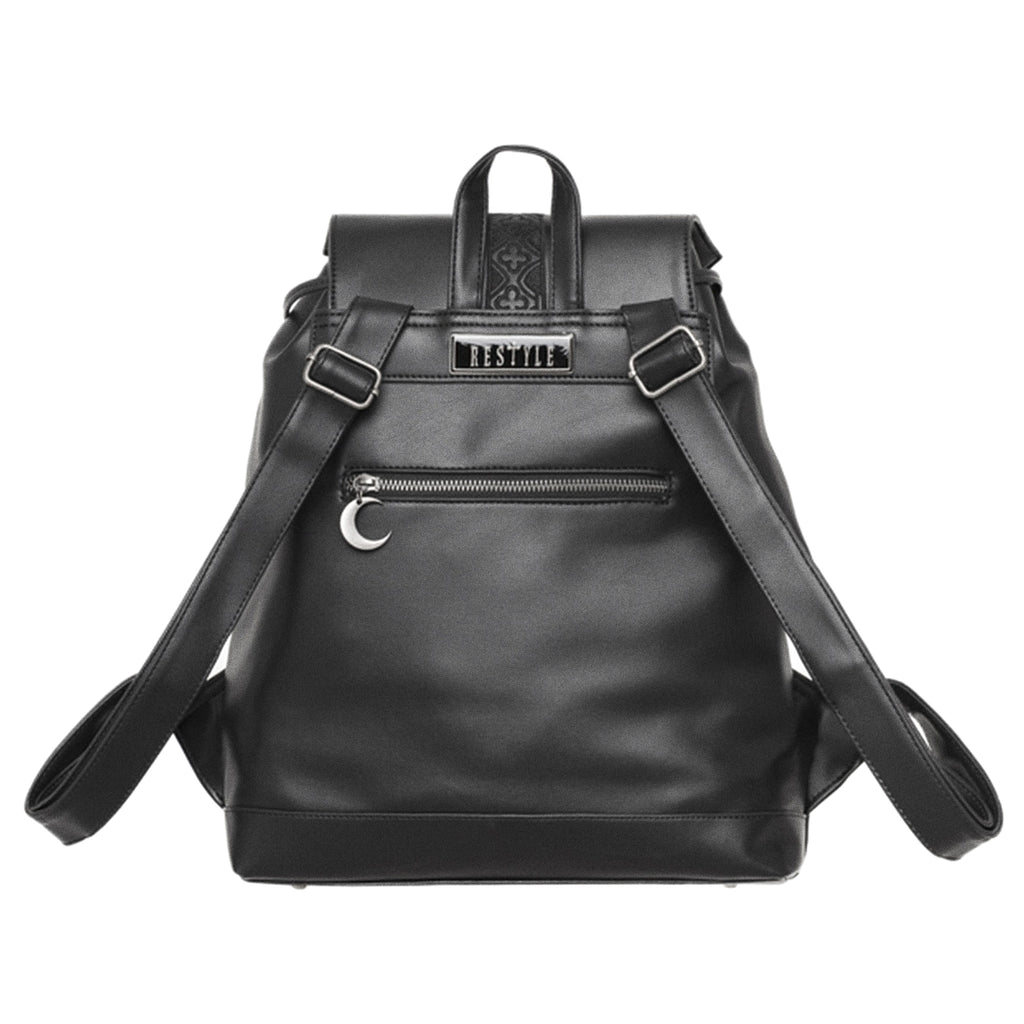 Mochila con solapa en forma de serpiente bordada con motivos inspirados en las catedrales vista posterior