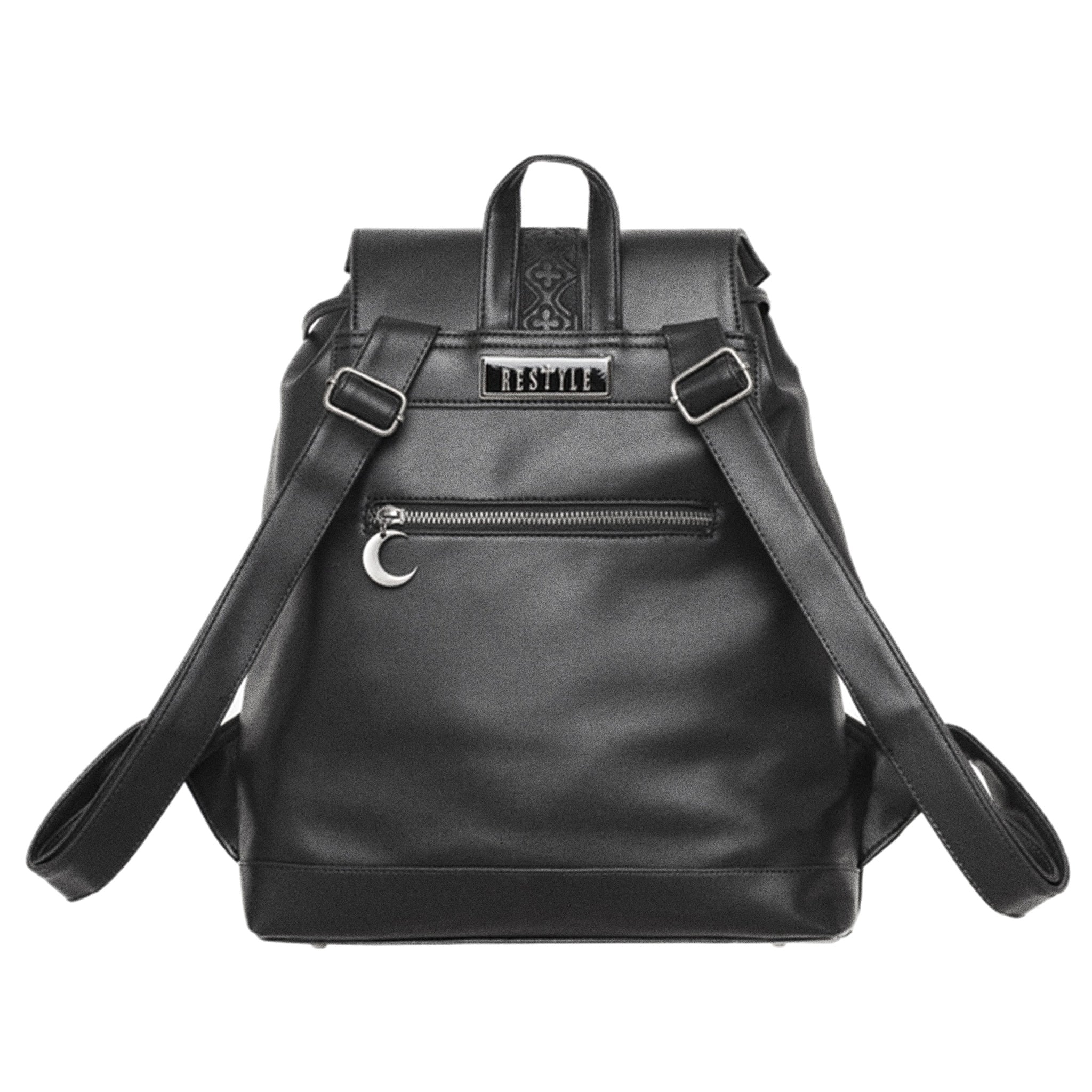 Mochila con solapa en forma de serpiente bordada con motivos inspirados en las catedrales vista posterior