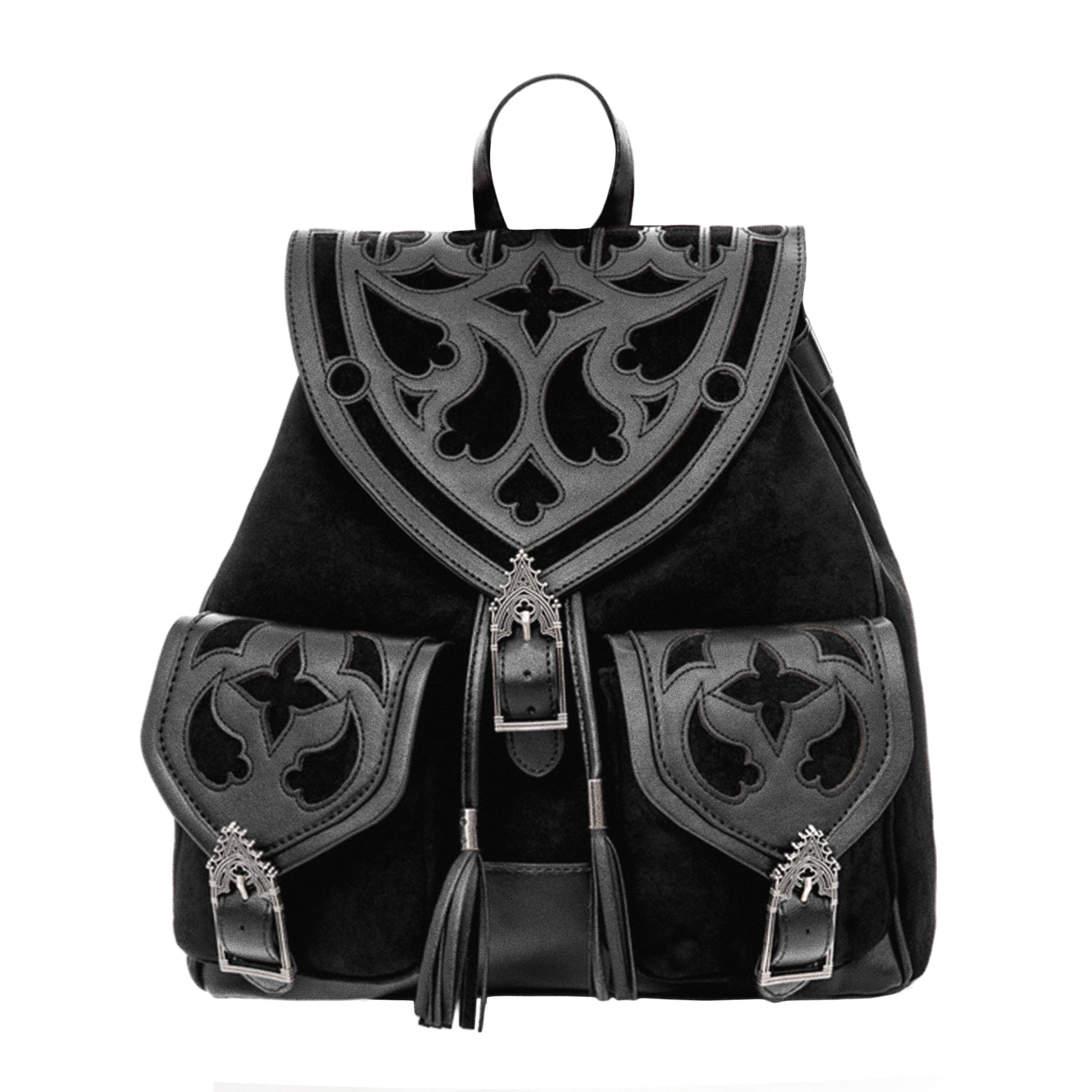 Mochila con motivos medievales Cathedralis Buckle de la marca Restyle en negro vista frontal