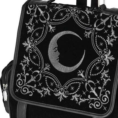 Mochila bordada con luna creciente modelo Crescent de la marca Restyle estilo gótico vista detalle bordado