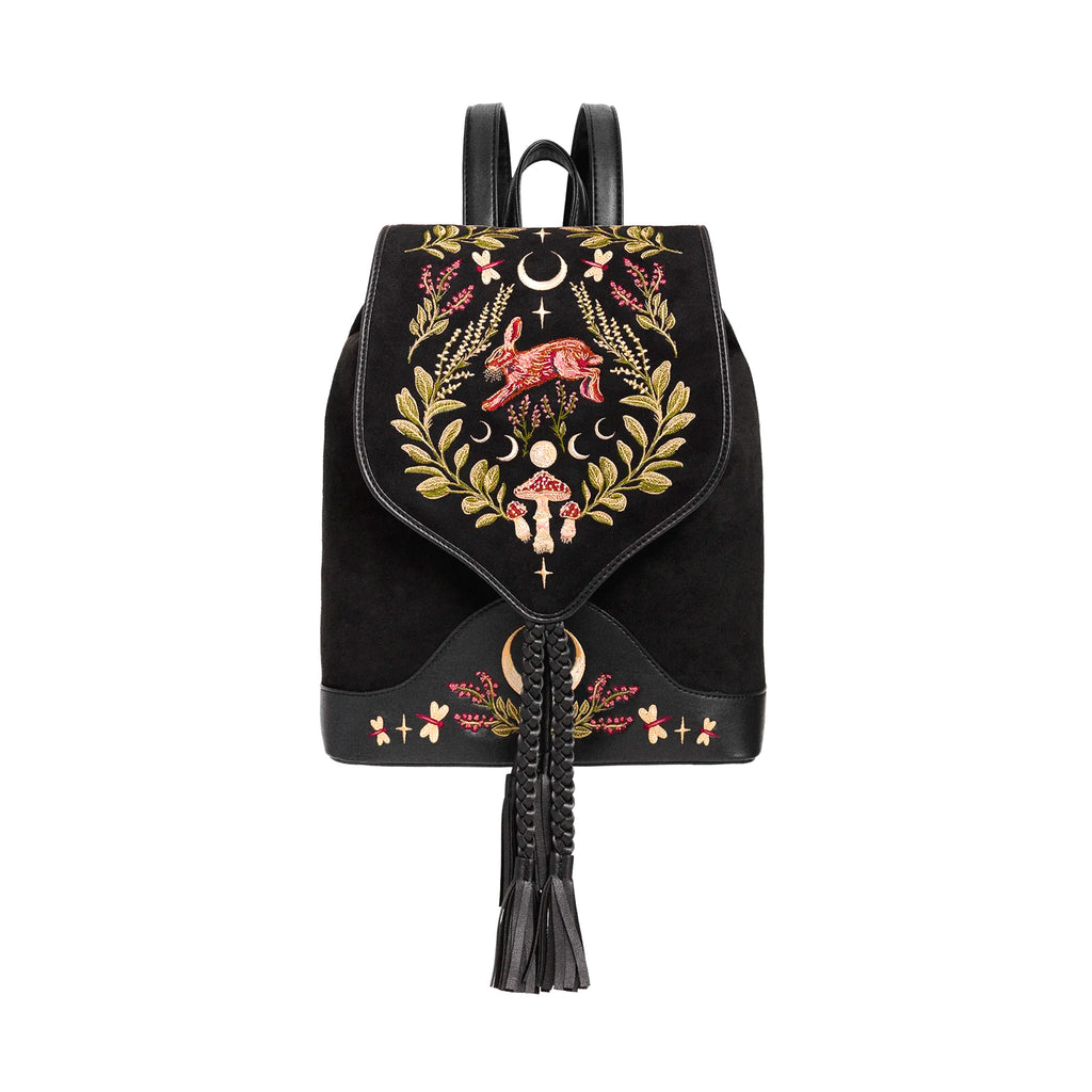  Restyle small velvet backpack with hare and magic forest embroidery - front view