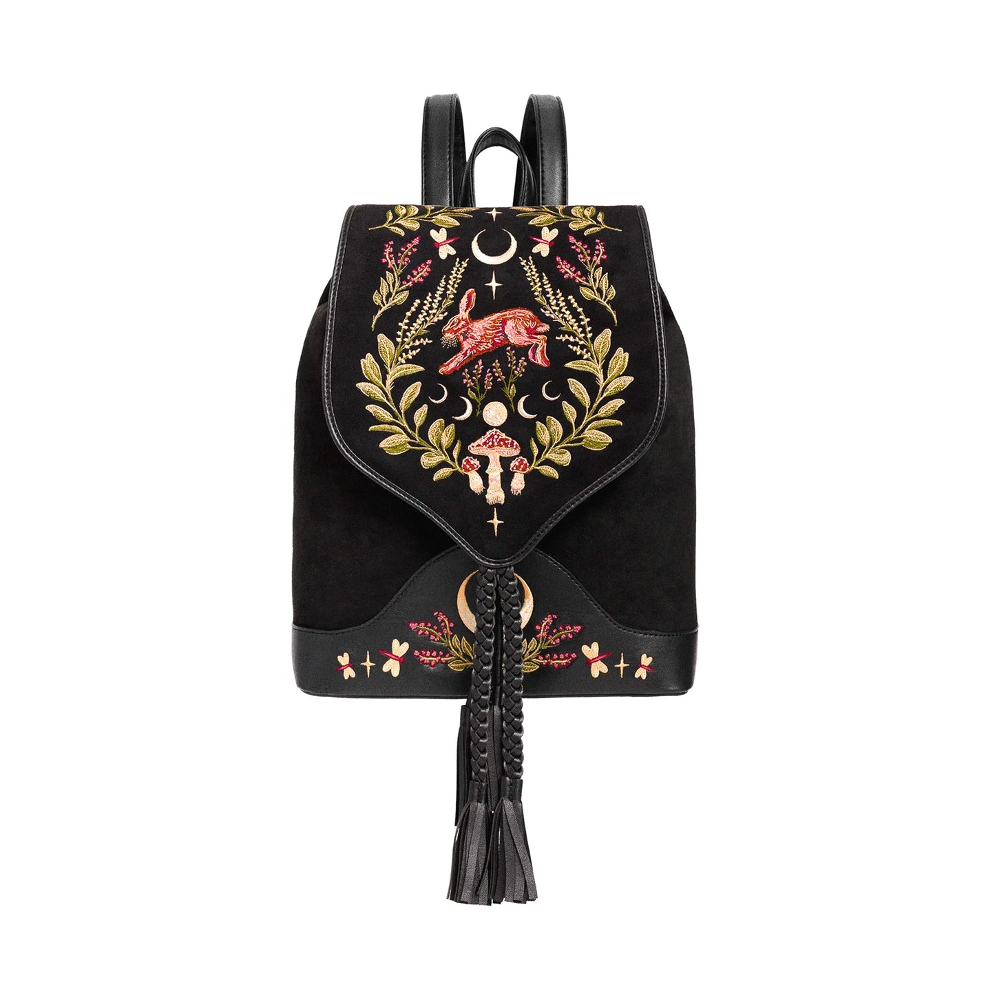 Mochila bordada con liebre y motivos de bosque mágico pequeña e ideal para el día  día acabado aterciopelado de restyle vista frontal