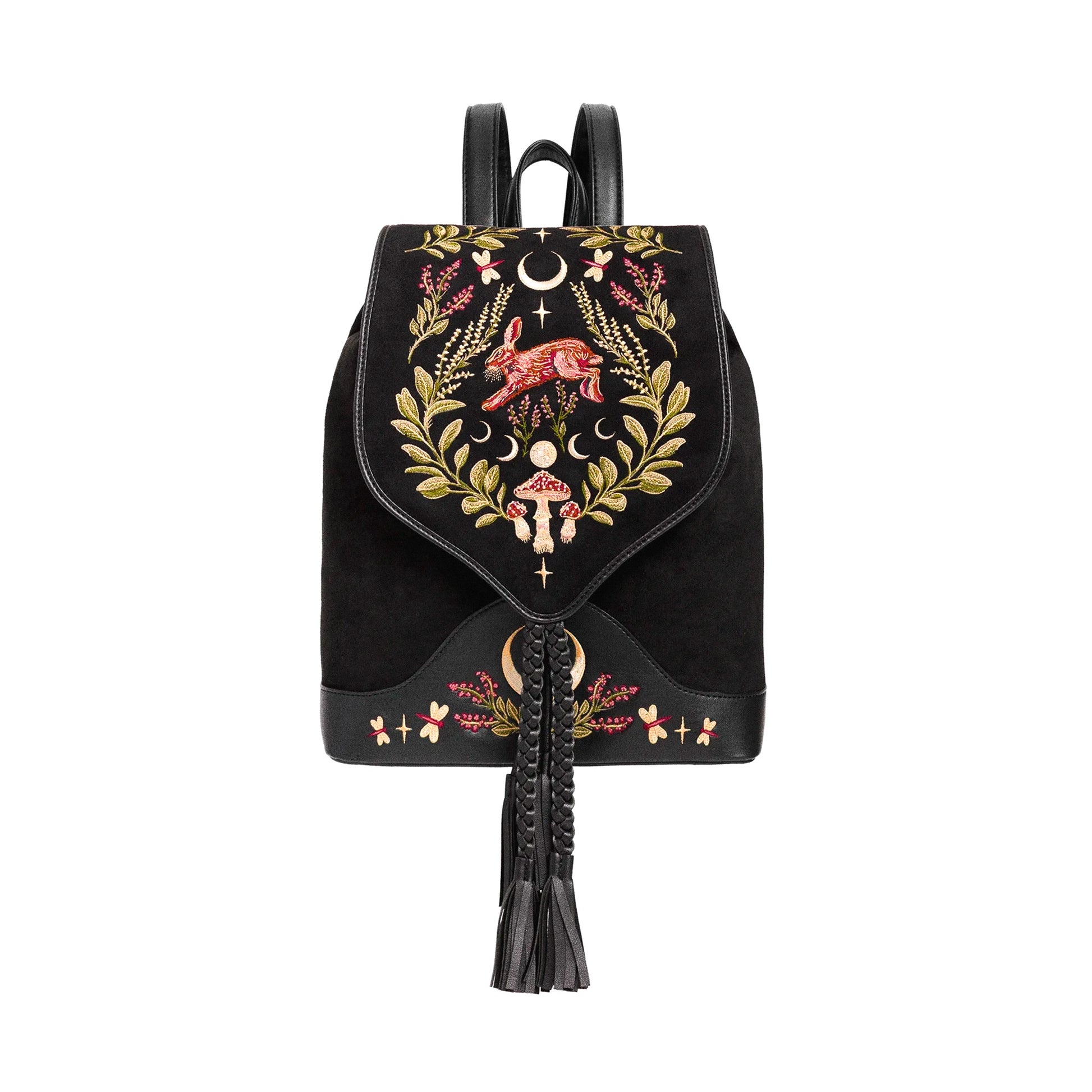 Mochila bordada con liebre y motivos de bosque mágico pequeña e ideal para el día  día acabado aterciopelado de restyle vista frontal