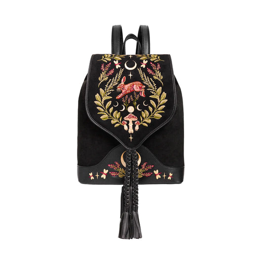 Mochila bordada con liebre y motivos de bosque mágico pequeña e ideal para el día  día acabado aterciopelado de restyle vista frontal