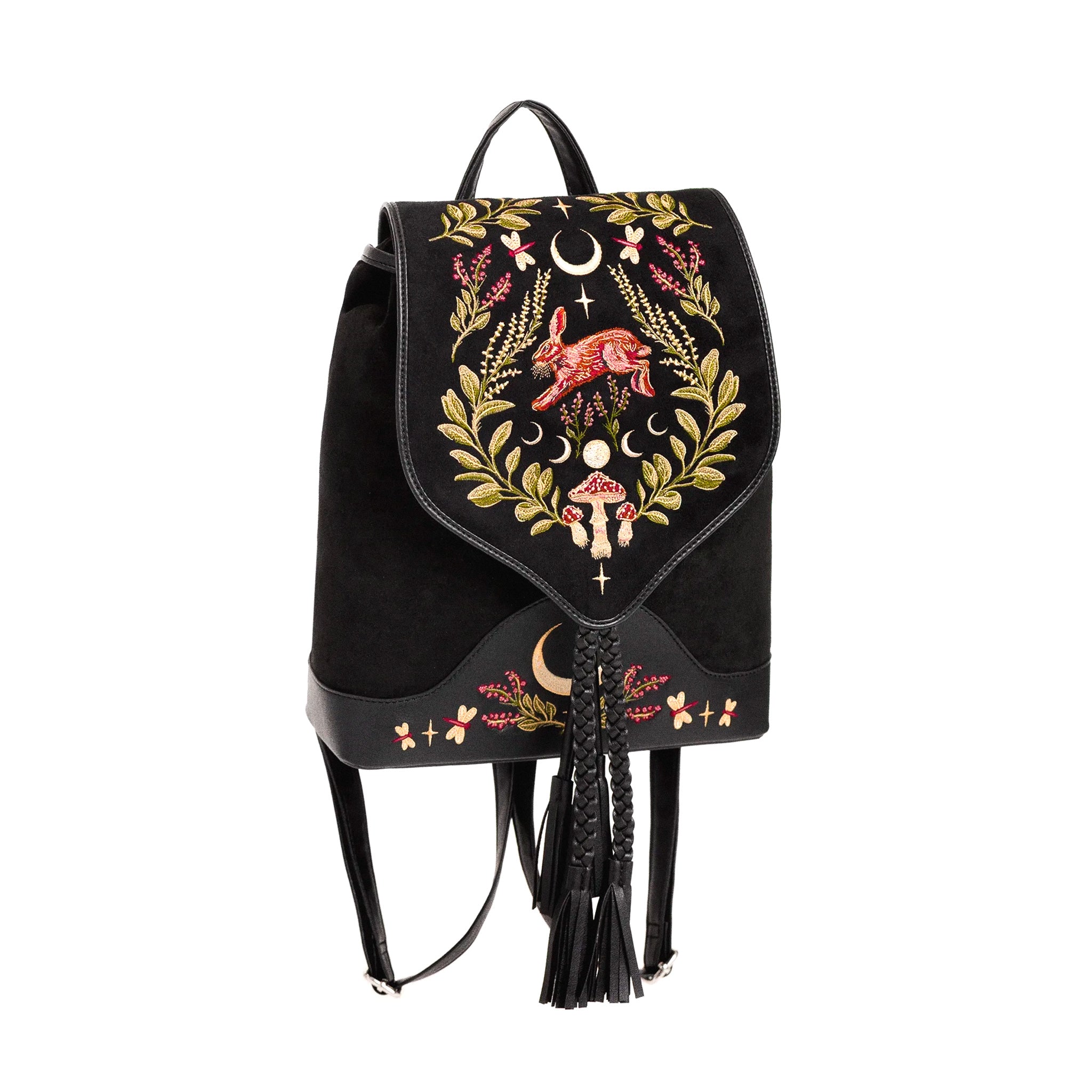 Mochila bordada con liebre y motivos de bosque mágico pequeña e ideal para el día  día acabado aterciopelado de restyle vista ángulo