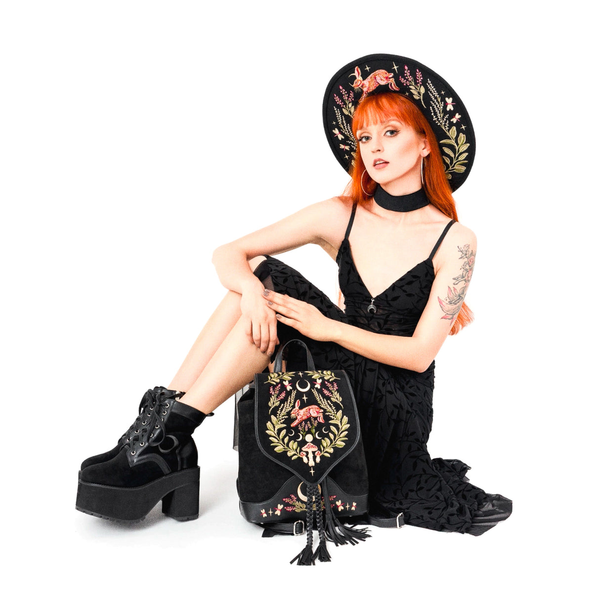  Restyle small velvet backpack with hare embroidery - model view