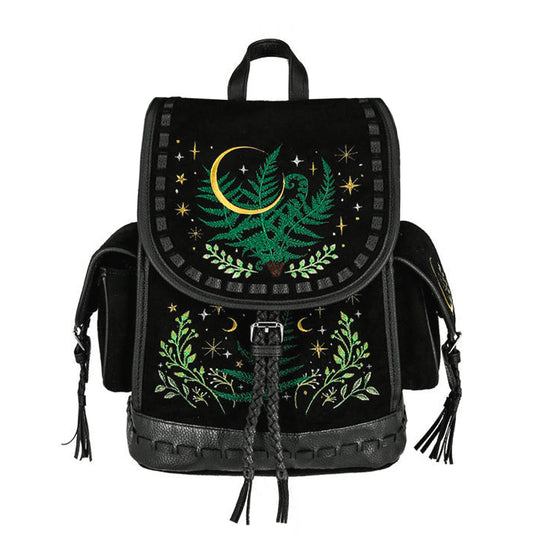 Mochila con bordado inspirado en un bosque mágico Herbal de Restyle en tonos verdes y amarillos con fondo negro vista frontal