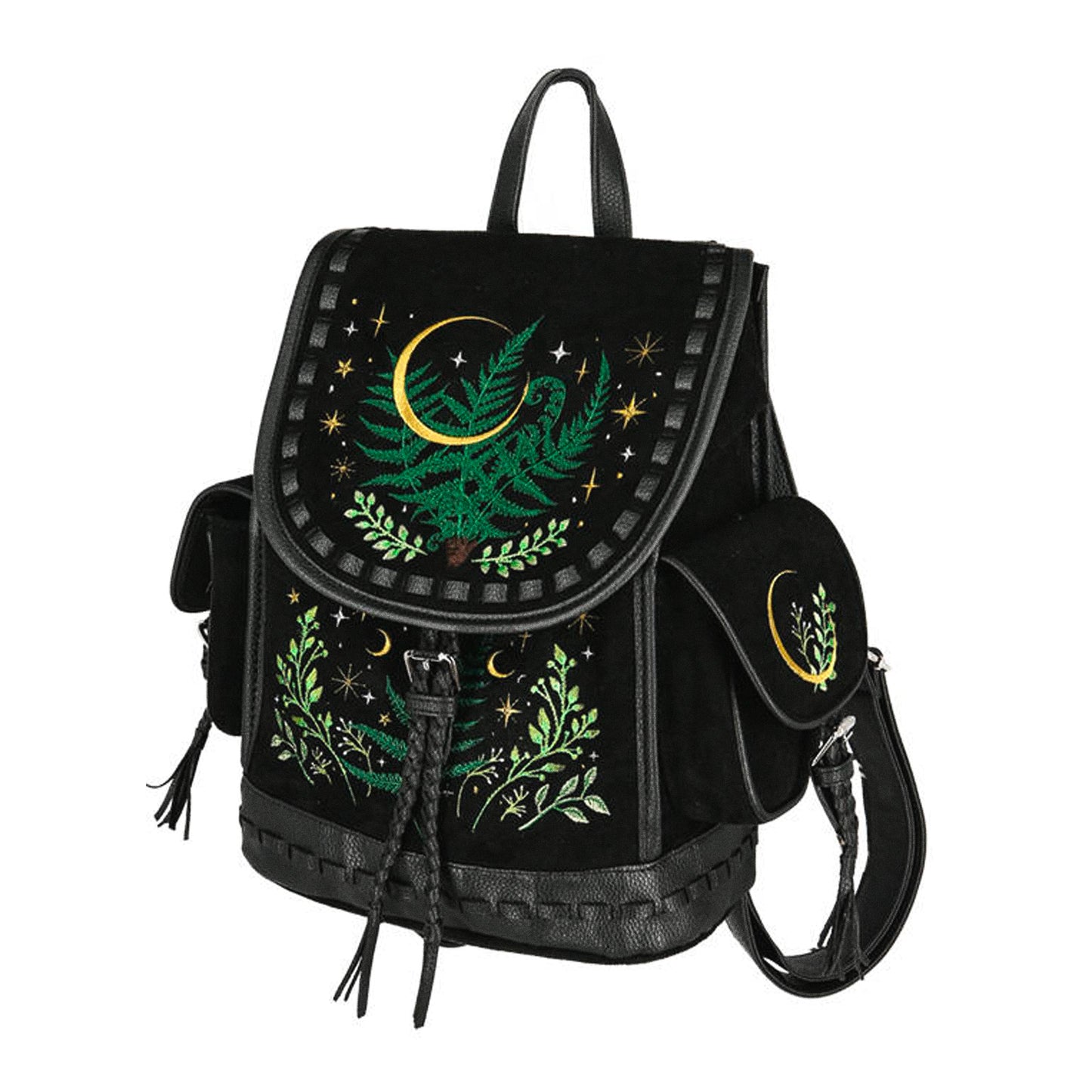 Mochila con bordado inspirado en un bosque mágico Herbal de Restyle en tonos verdes y amarillos con fondo negro vista ángulo