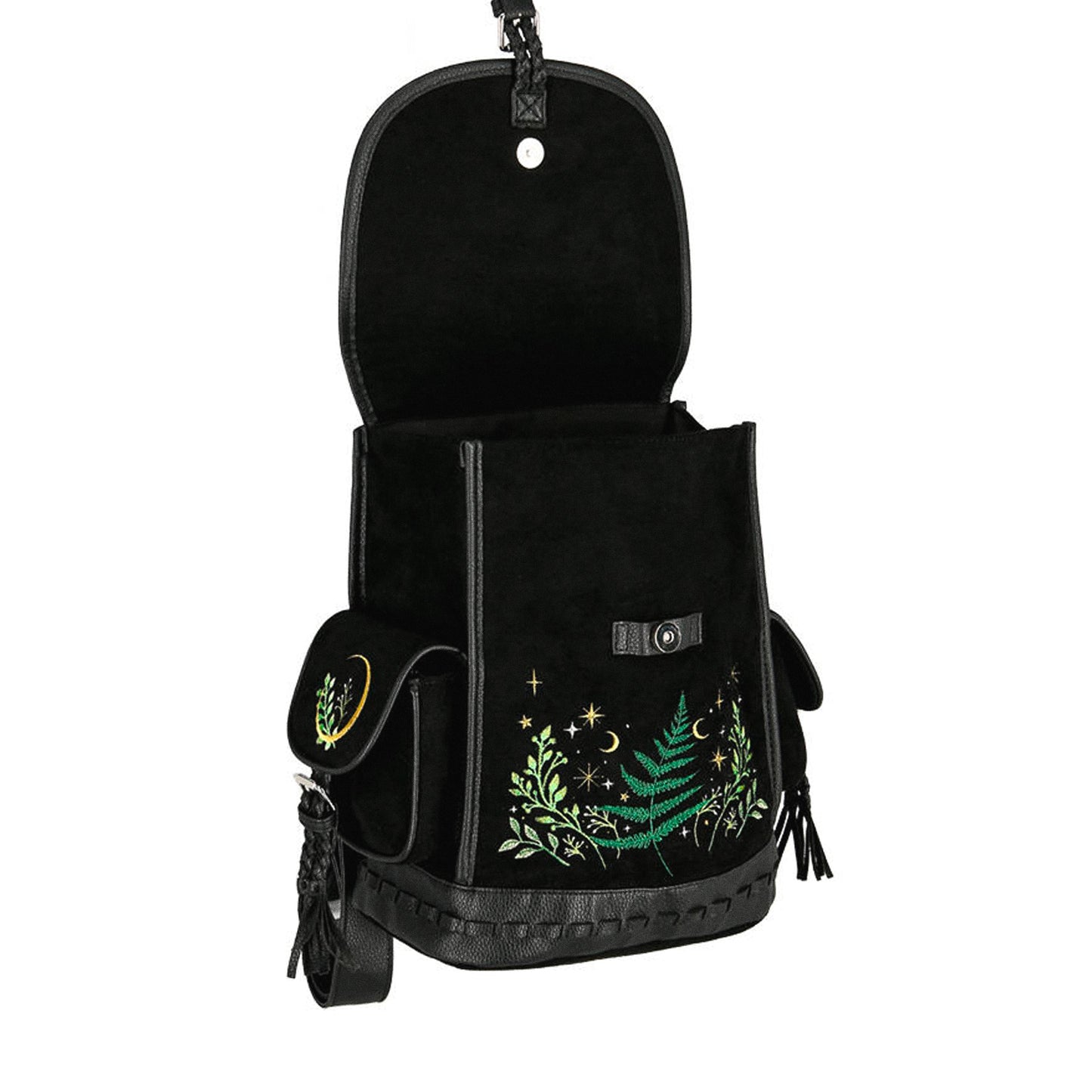 Mochila con bordado inspirado en un bosque mágico Herbal de Restyle en tonos verdes y amarillos con fondo negro vista abierta