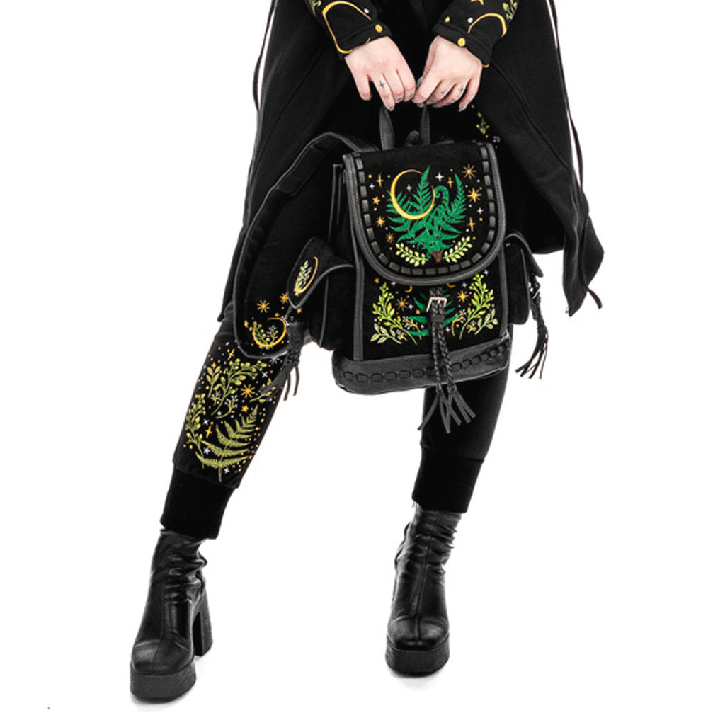  Restyle Herbal black backpack with magical forest embroidery - model view