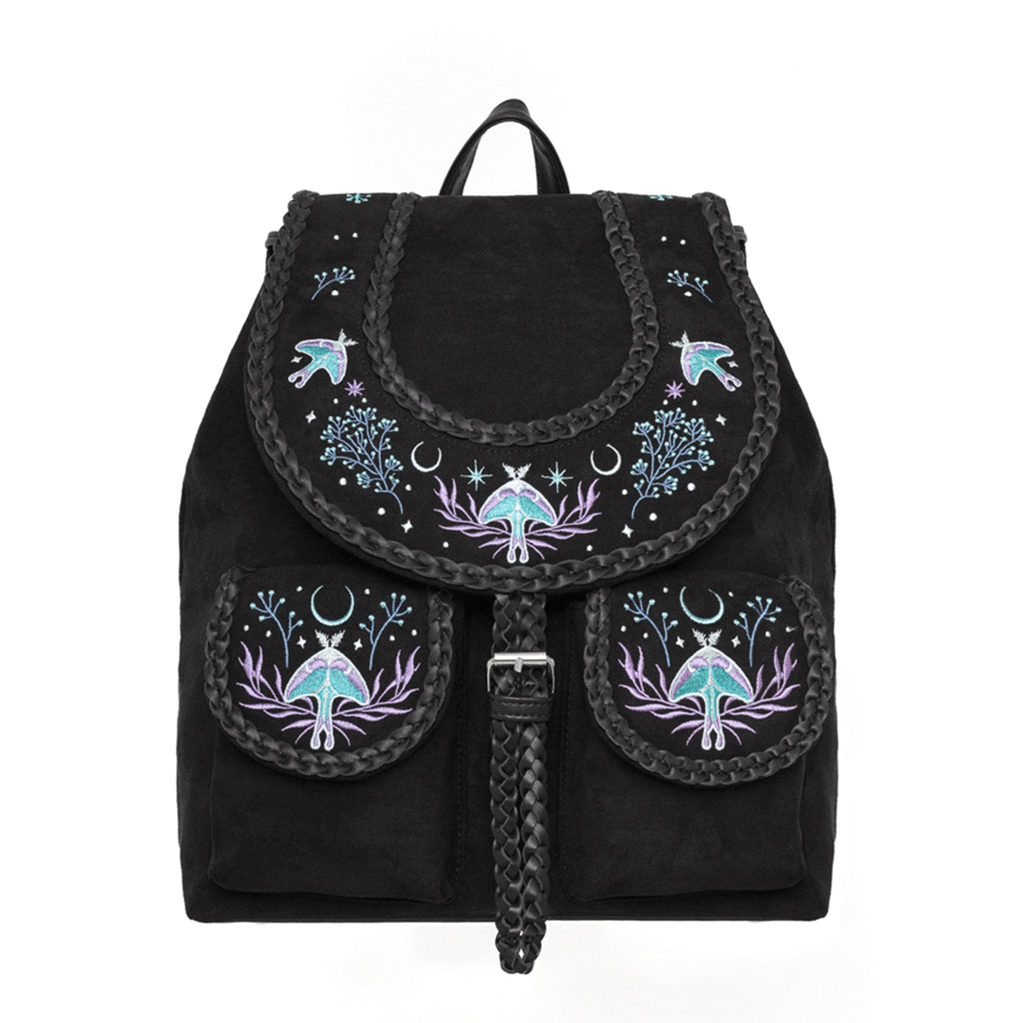 Mochila de ante con detalles trenzados en cuero y bordado en tonos fríos de polillas y lunas inspirado en un bosque mágico nocturno vista frontal