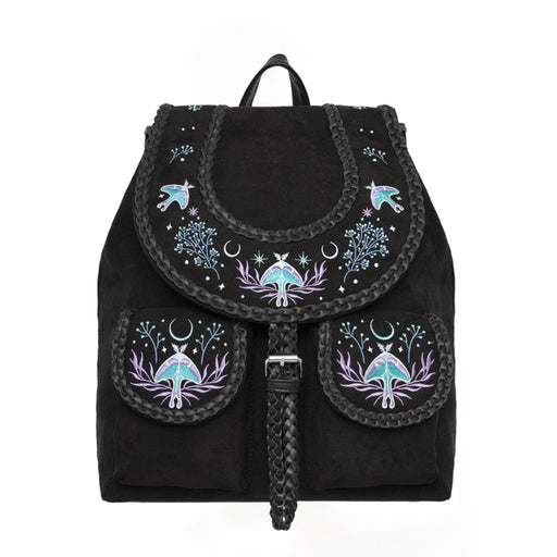 Mochila de ante con detalles trenzados en cuero y bordado en tonos fríos de polillas y lunas inspirado en un bosque mágico nocturno vista frontal