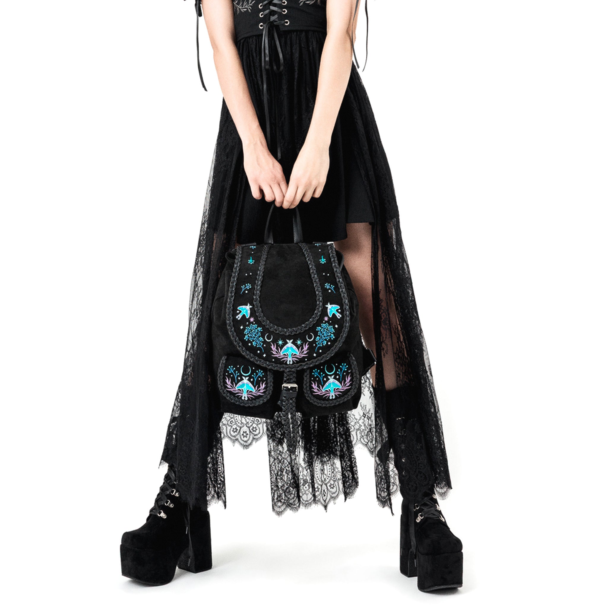  Restyle suede backpack with moth and moon embroidery - model view