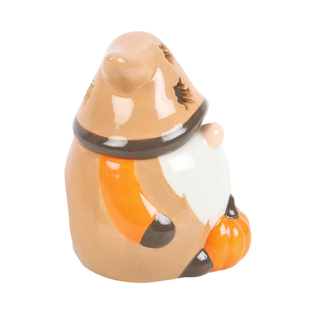 Quemador de aceites esenciales con forma de gnomo adorable otoñal con calabaza y tapa en forma de gorro vista de lado sobre fondo blanco.