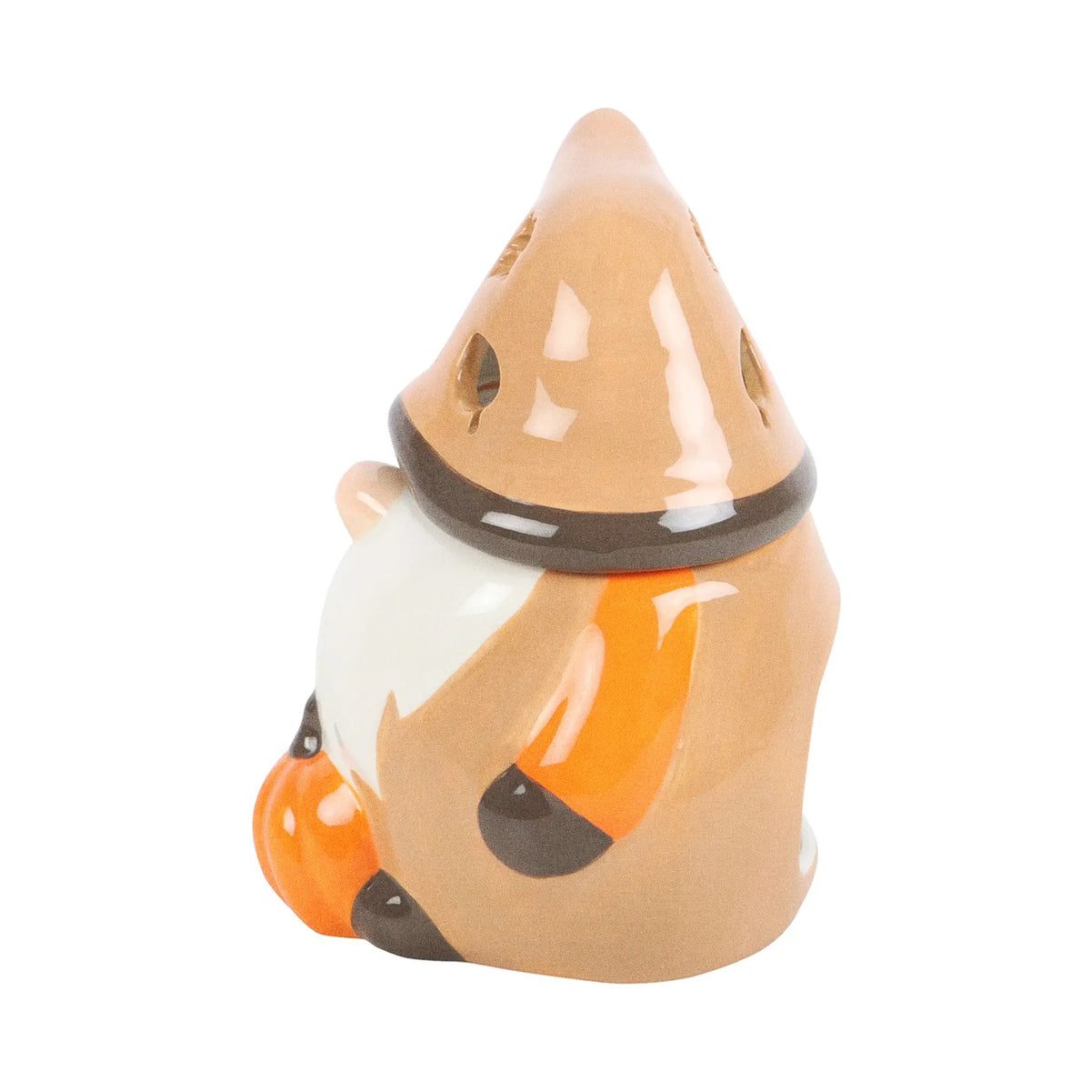 Quemador de aceites esenciales con forma de gnomo adorable otoñal con calabaza y tapa en forma de gorro vista del otro lado sobre fondo blanco.