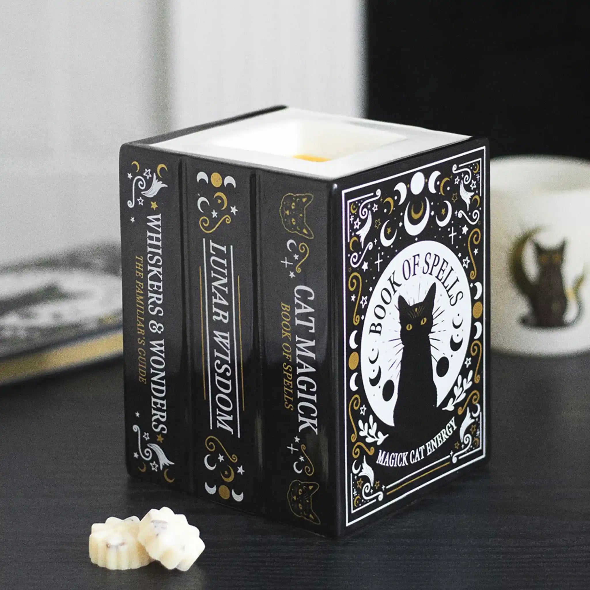 Quemador de aceites esenciales y cera con forma de tres libros de estética witchy con gato en la portada vista sobre escritorio con decoración al rededor.