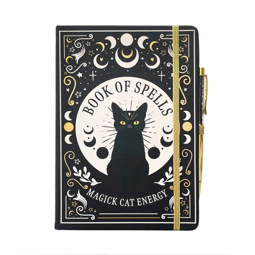 Portada libreta A5 con diseño de gato negro estilo witchy, bolígrafo acoplado con una goma y goma de cierre vertical en la libreta.