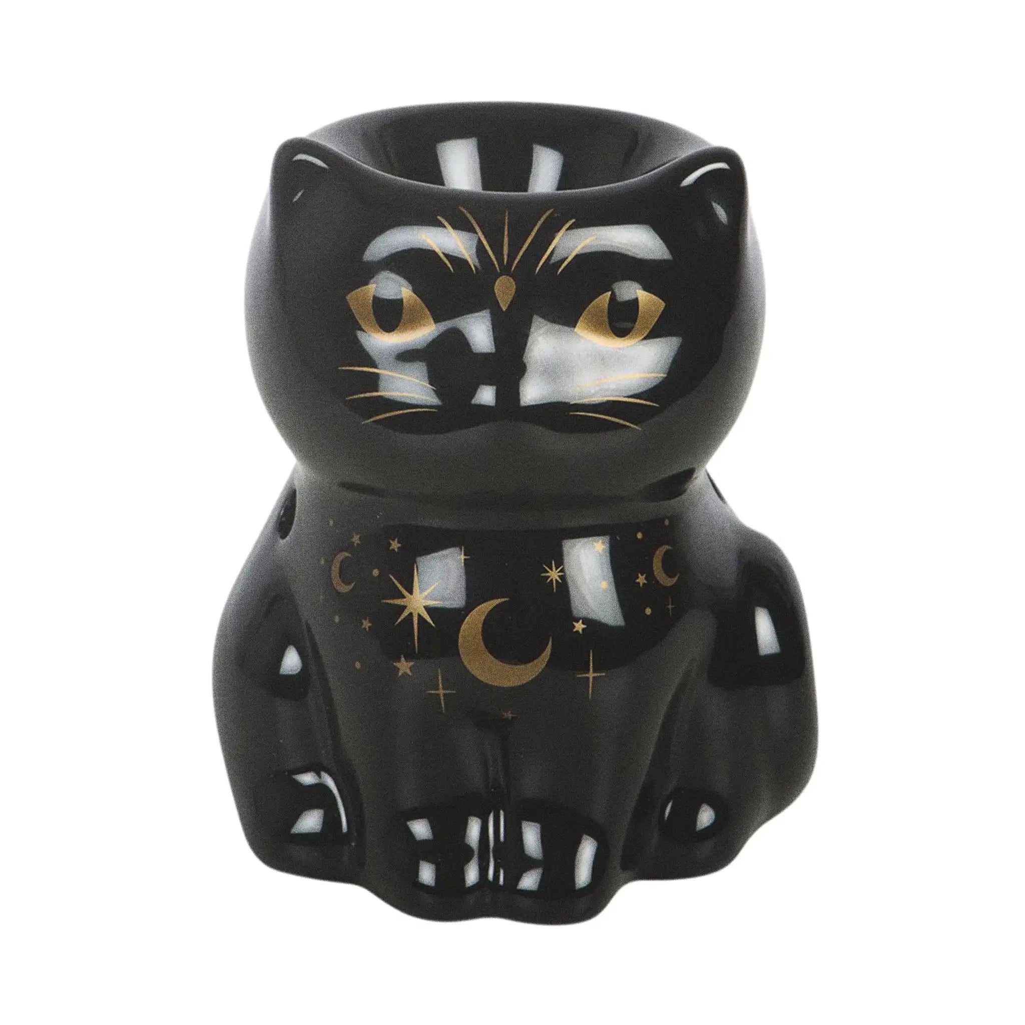 Quemador de aceites esenciales en forma de gato negro con estrellas en color dorado vista frontal sobre fondo blanco.