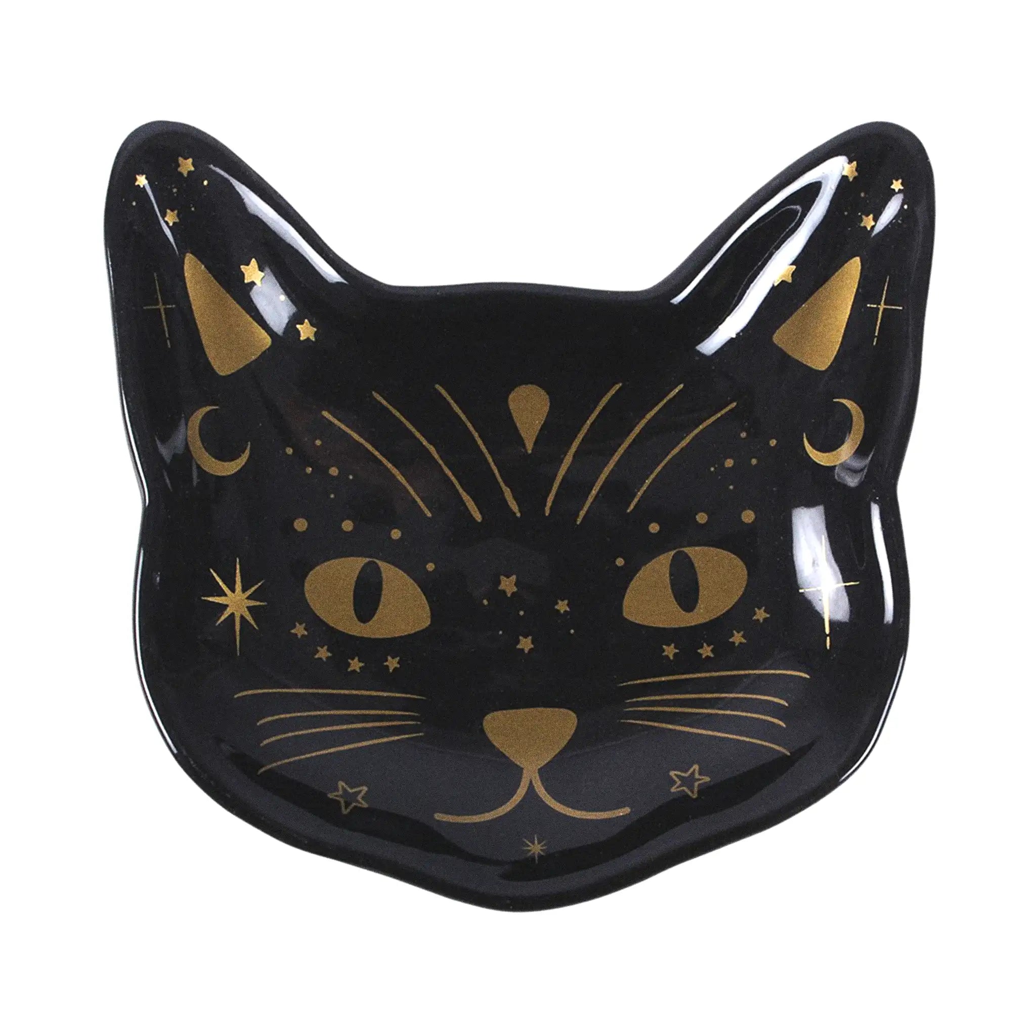 Plato con forma de cara de gato negro con detalles en color dorado estilo witchy sobre fondo blanco.