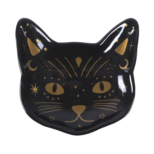 Plato con forma de cara de gato negro con detalles en color dorado estilo witchy sobre fondo blanco.