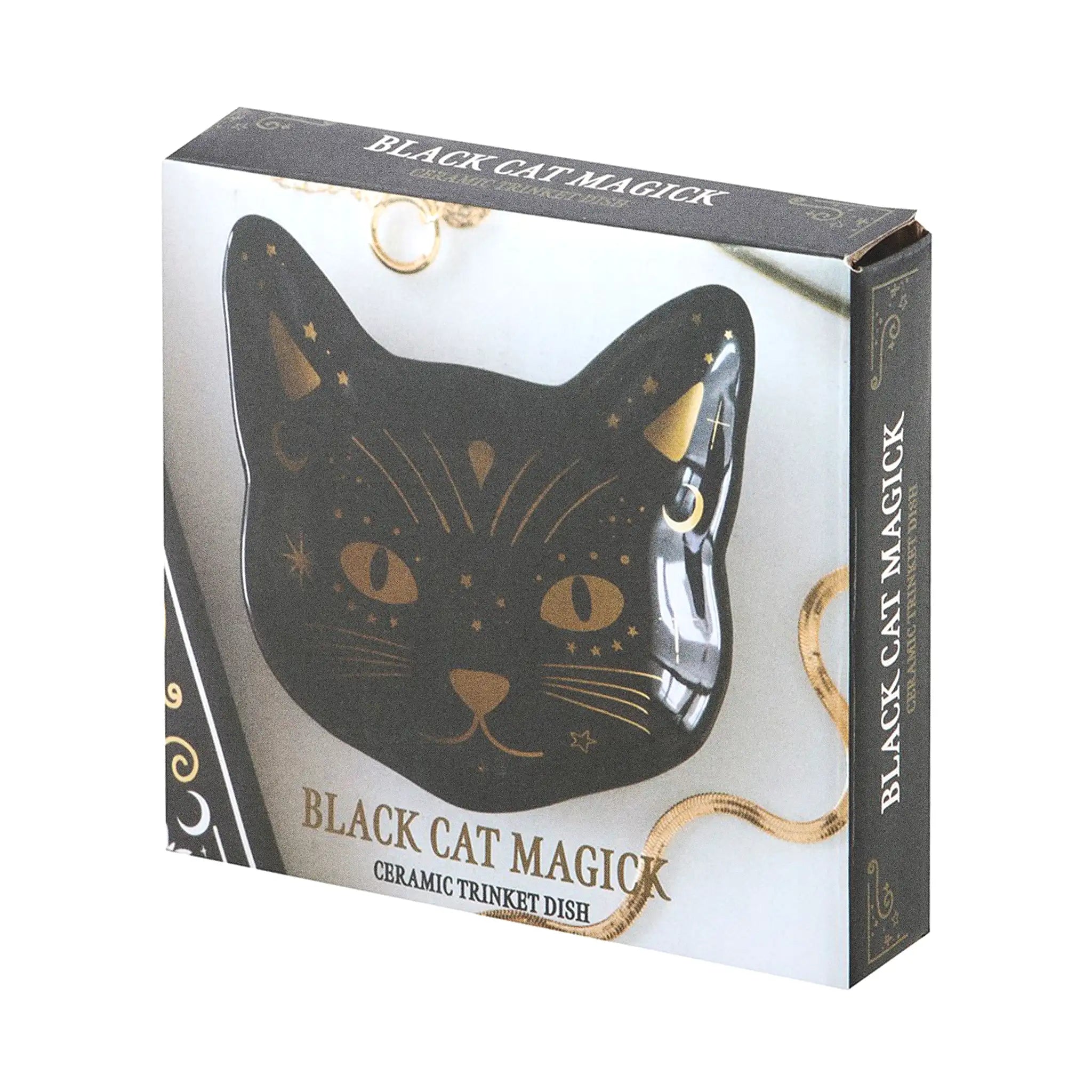 Packaging de plato para joyería con forma de gato en color negro con detalles en dorado.