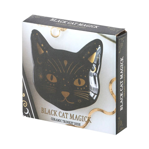 Packaging de plato para joyería con forma de gato en color negro con detalles en dorado.