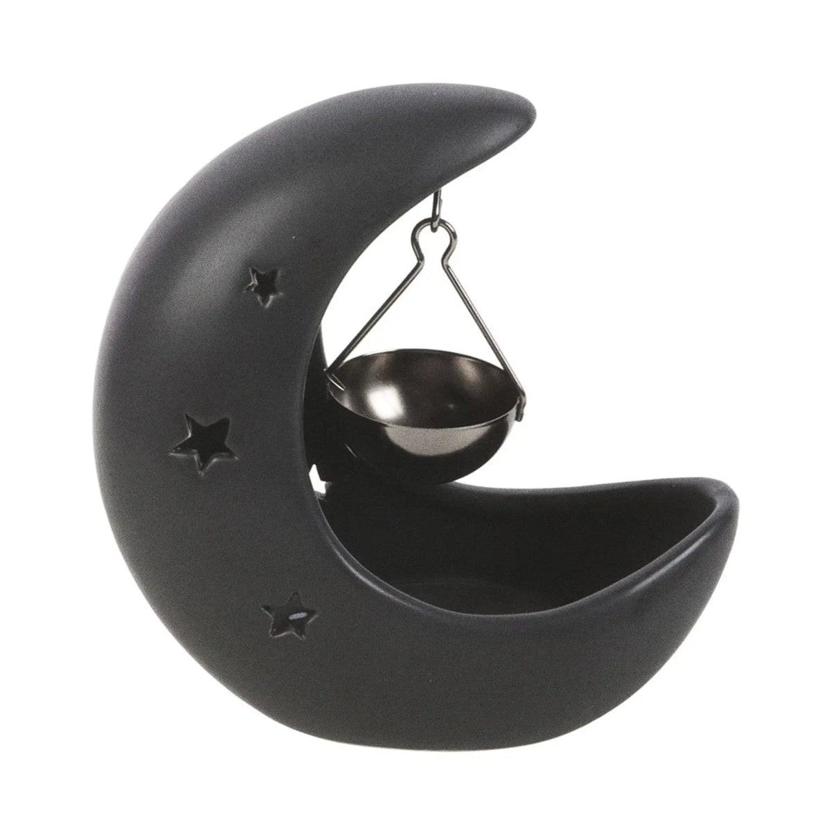 Quemador de aceite en forma de luna creciente con estrellas cut out en color negro con colgante metálico negro para poner aceite vista frontal sobre fondo blanco.