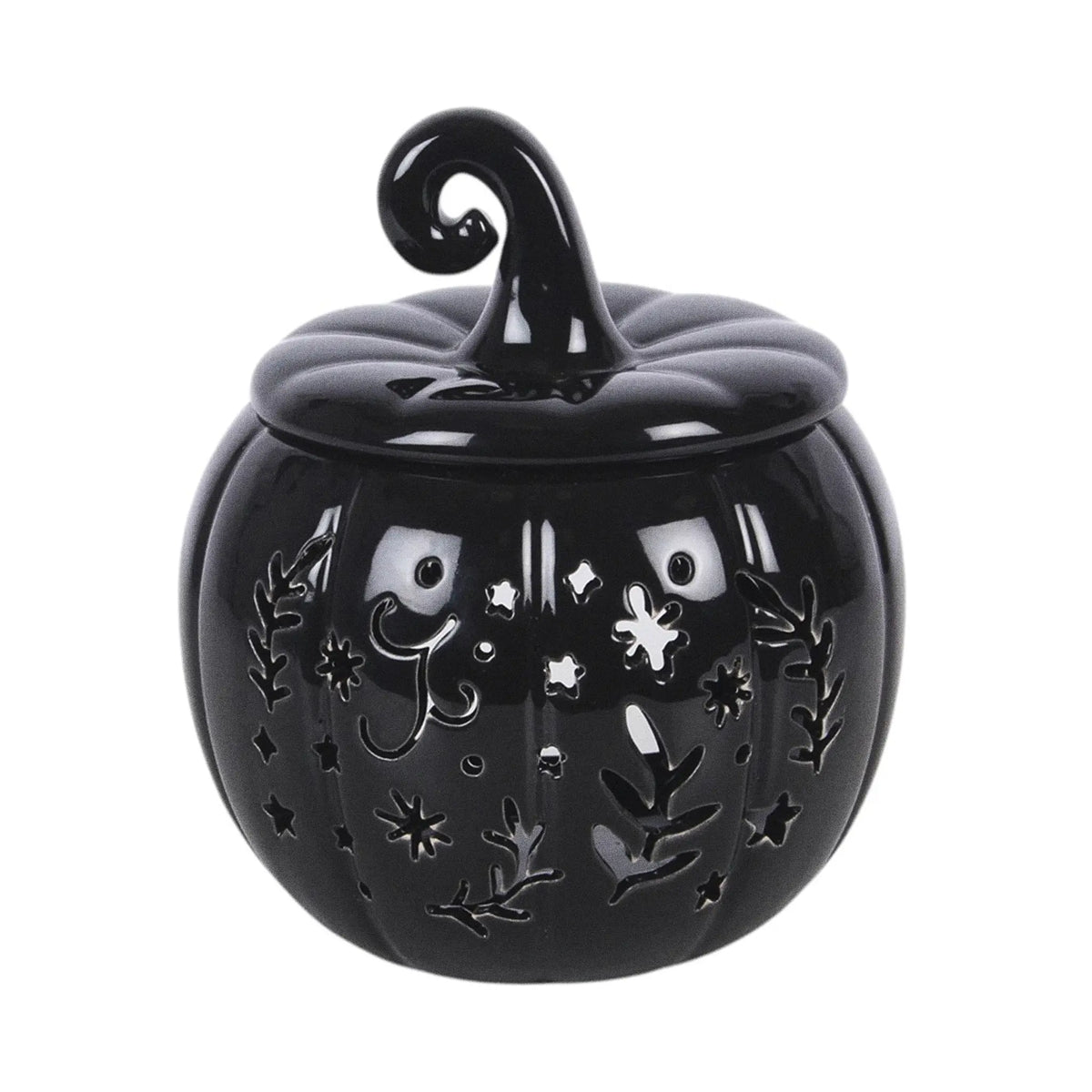 Quemador de aceites esenciales y calentador de cera en forma de calabaza con diseño calado otoñal perfecta para halloween y otoño en color negro vista frontal sobre fondo blanco.