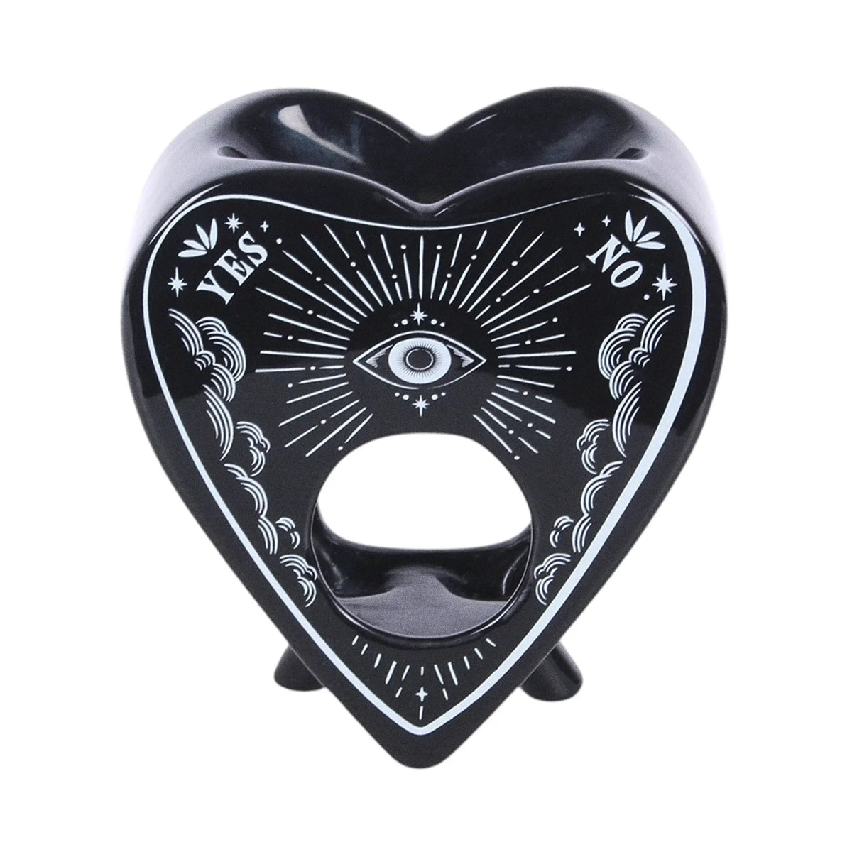 Quemador de aceites esenciales y calentador de cera estilo gótico de ouija en blanco y negro gótico vista frontal sobre fondo blanco.