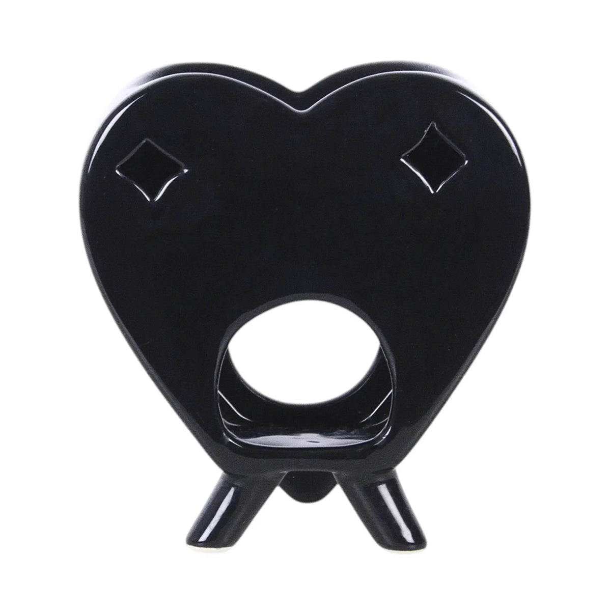 Quemador de aceites esenciales y calentador de cera estilo gótico de ouija en blanco y negro gótico vista posterior negra sobre fondo blanco.
