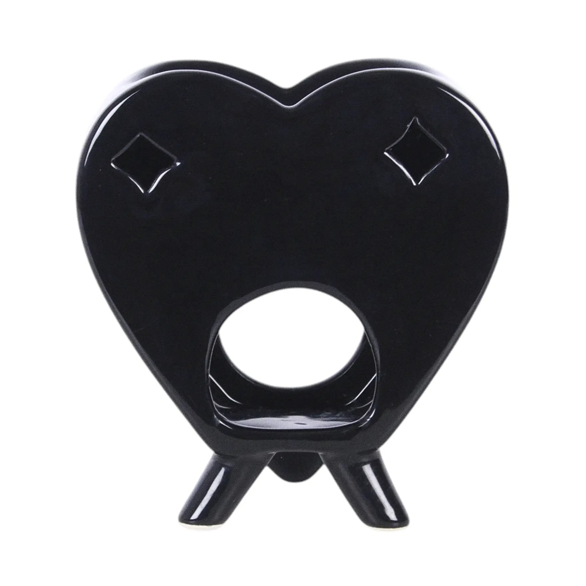 Quemador de aceites esenciales y calentador de cera estilo gótico de ouija en blanco y negro gótico vista posterior negra sobre fondo blanco.
