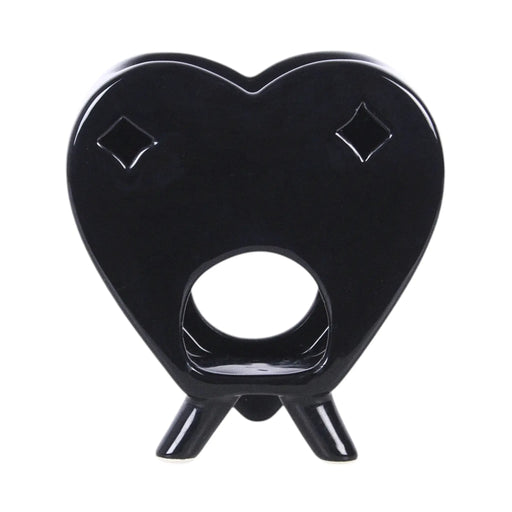 Quemador de aceites esenciales y calentador de cera estilo gótico de ouija en blanco y negro gótico vista posterior negra sobre fondo blanco.