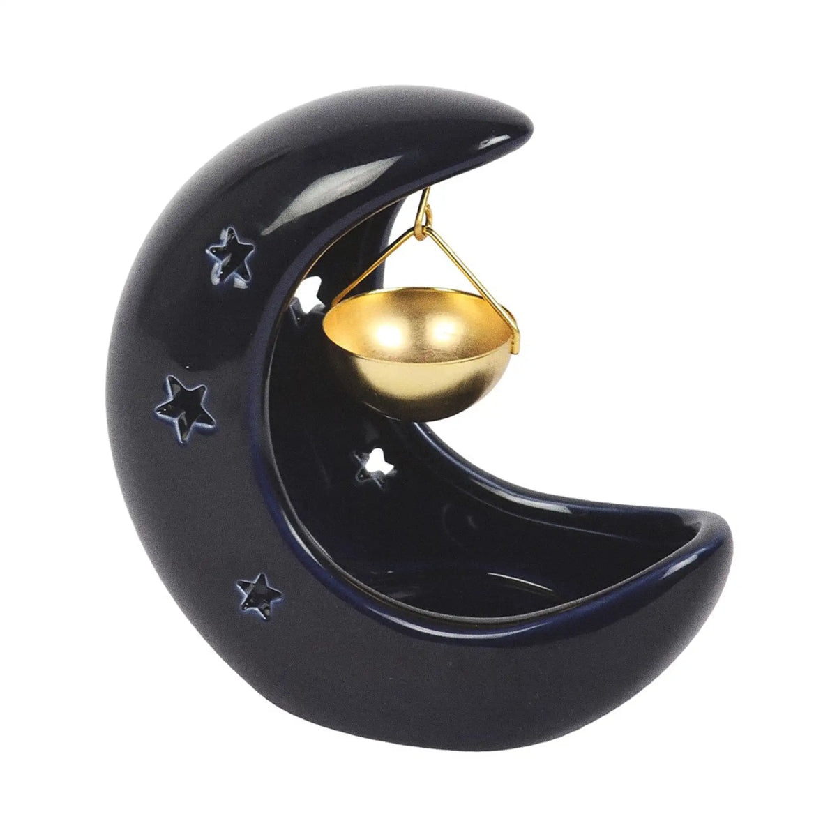 Quemador de aceites esenciales con forma de luna con estrellas cut out en color azul oscuro y colgante para aceites en metal dorado vista frontal fondo blanco.