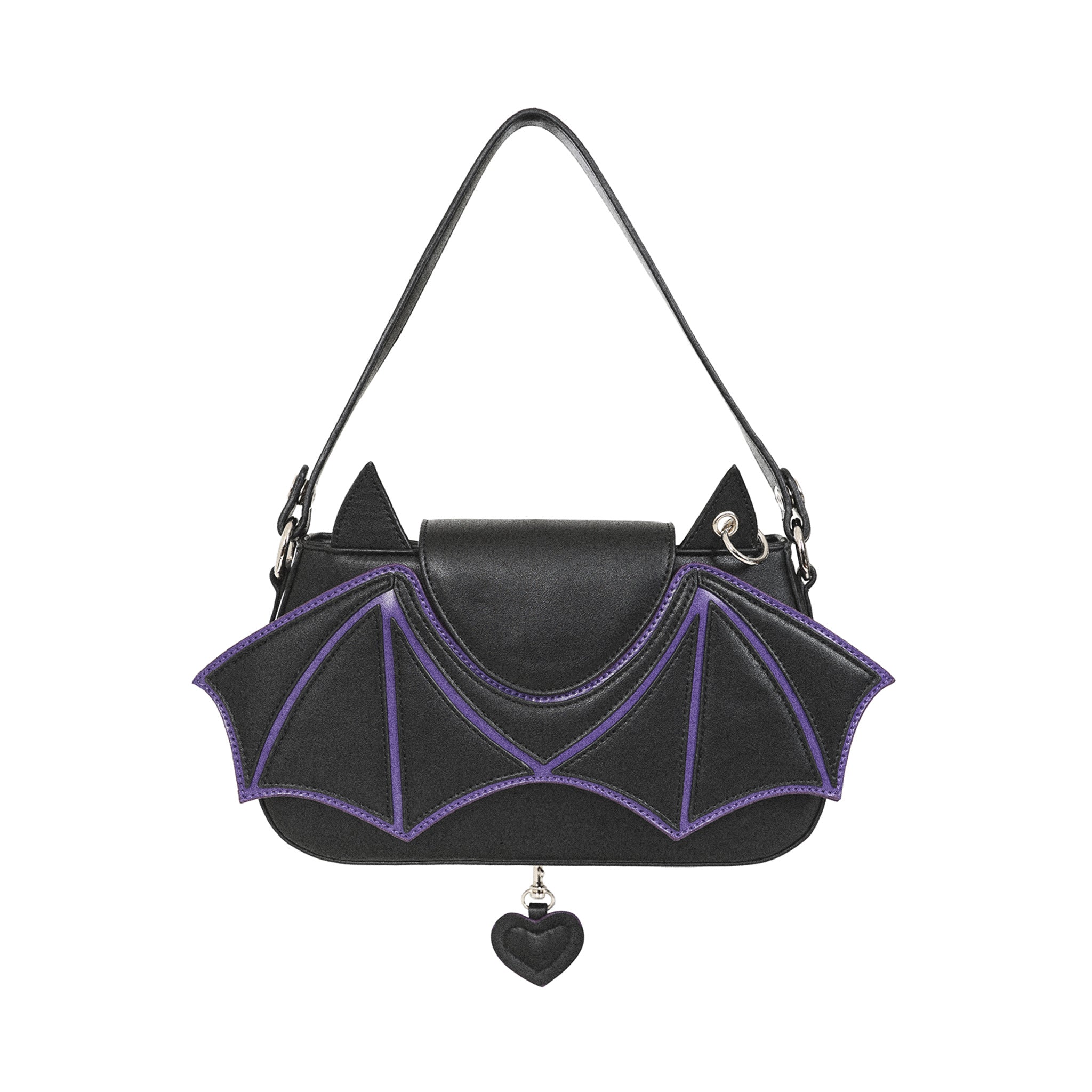 Bolso de hombro gótico negro con alas de murciélago moradas y un colgante de corazón, visto de frente.