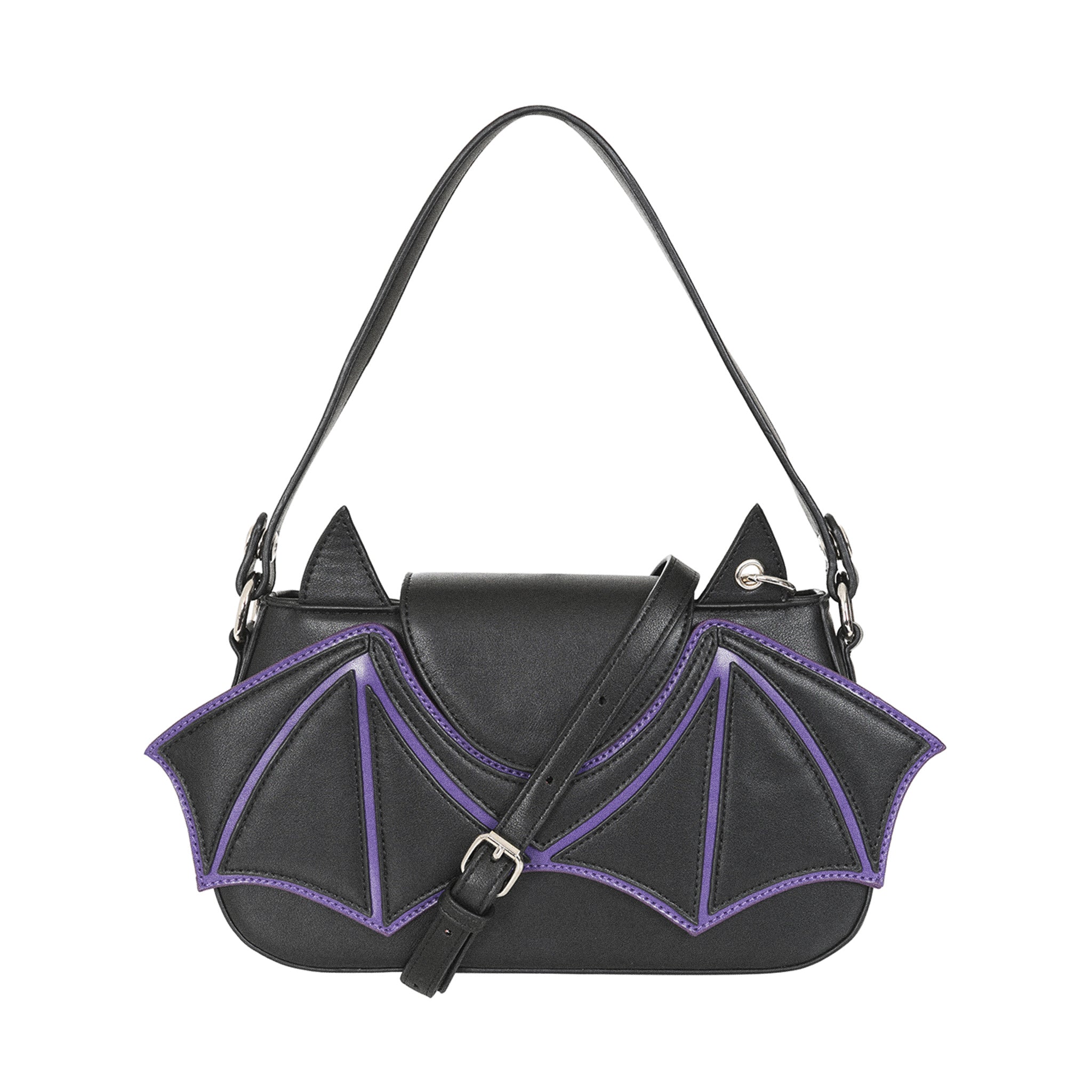 Bolso gótico negro y morado configurado como bandolera, con la correa larga y ajustable cruzada sobre el frente.