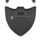 Bolso bandolera negro con diseño rígido en forma de escudo inspirado en las catedrales y la arquitectura medieval con detalles en terciopelo burdeos modelo Claretia de Restyle vista posterior