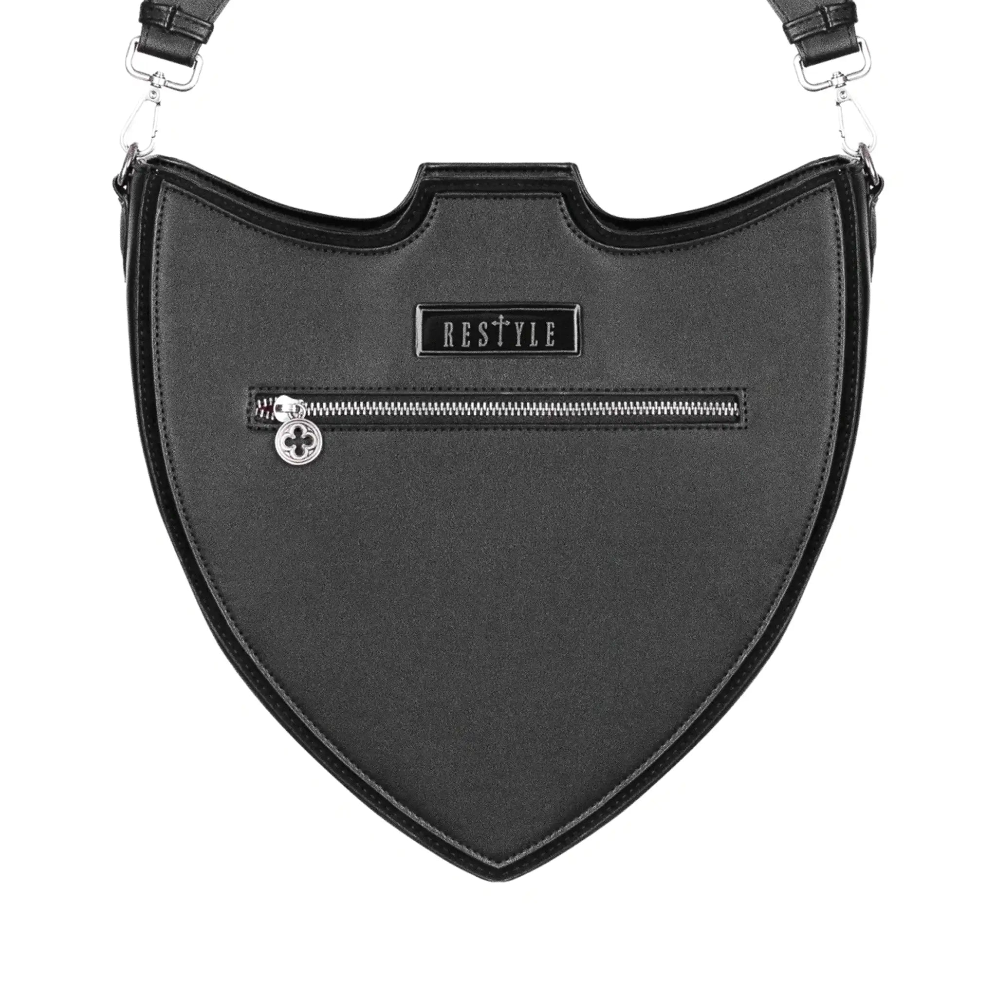 Bolso bandolera negro con diseño rígido en forma de escudo inspirado en las catedrales y la arquitectura medieval con detalles en terciopelo burdeos modelo Claretia de Restyle vista posterior