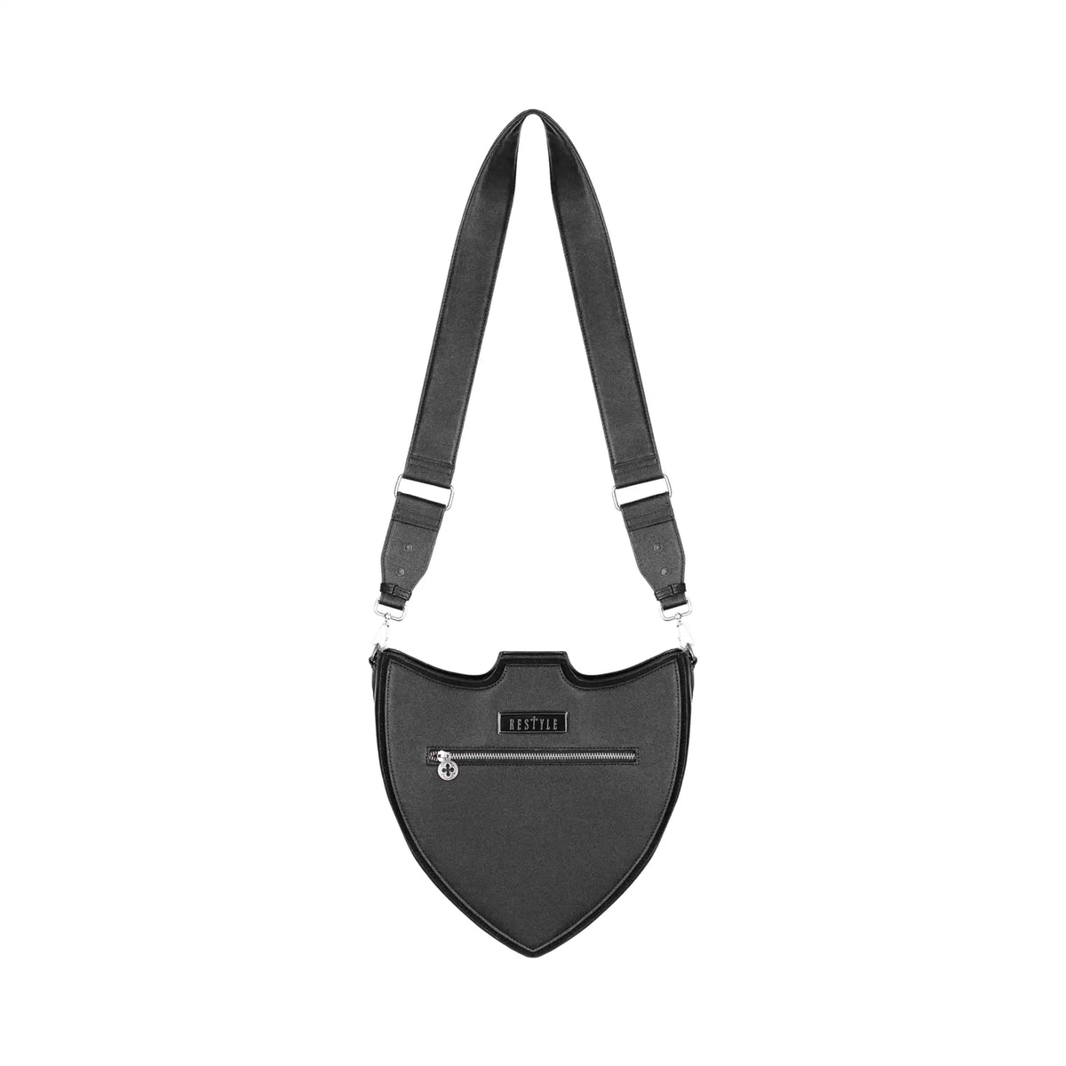 Bolso bandolera negro con diseño rígido en forma de escudo inspirado en las catedrales y la arquitectura medieval con detalles en terciopelo burdeos modelo Claretia de Restyle vista posterior completa con correa