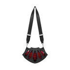 Bolso bandolera rígido fabricado en piel sintética negra con detalles frontales en forma de vitrales rojos con cruces y estética inspirada en las catedrales góticas modelo Bloodveil de Restyle vista frontal con correa