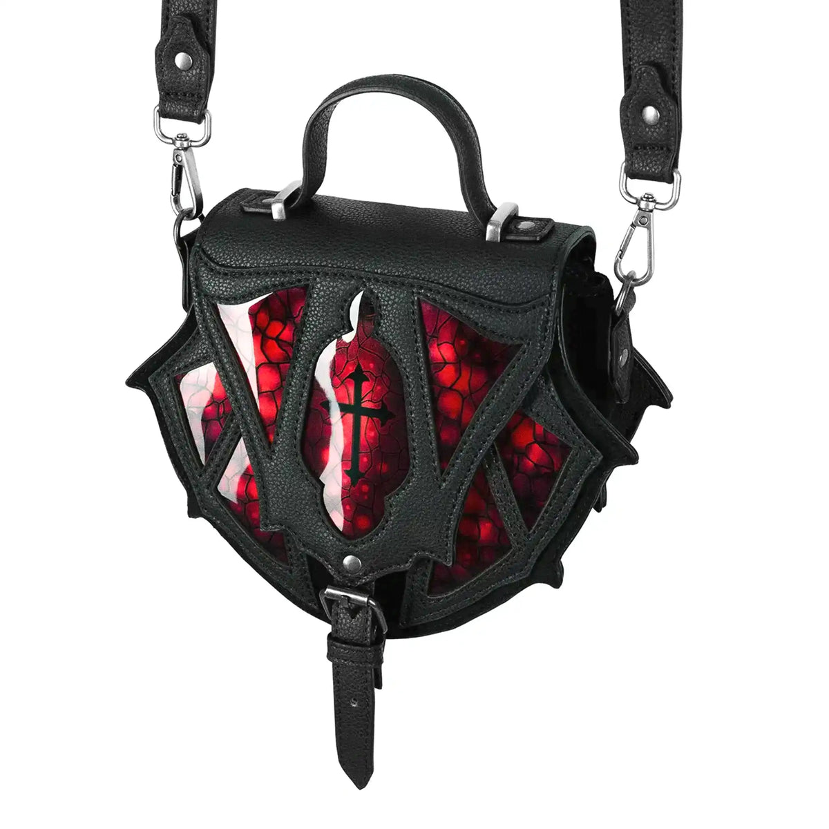 Bolso bandolera y bolso de mano pequeño con detalles de vitrales rojos sobre piel sintética negra modelo Bloodspire de Restyle vista ángulo