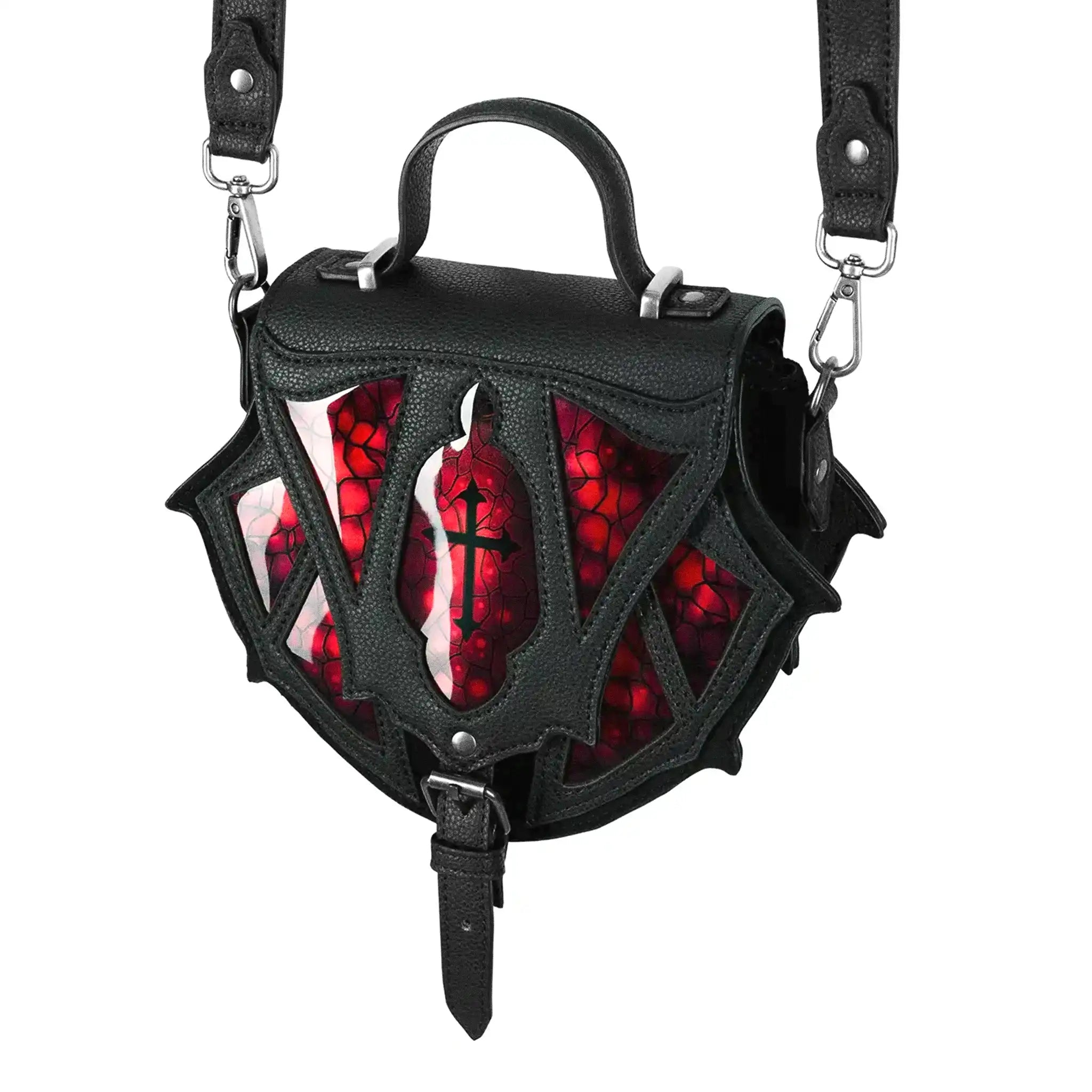 Bolso bandolera y bolso de mano pequeño con detalles de vitrales rojos sobre piel sintética negra modelo Bloodspire de Restyle vista ángulo