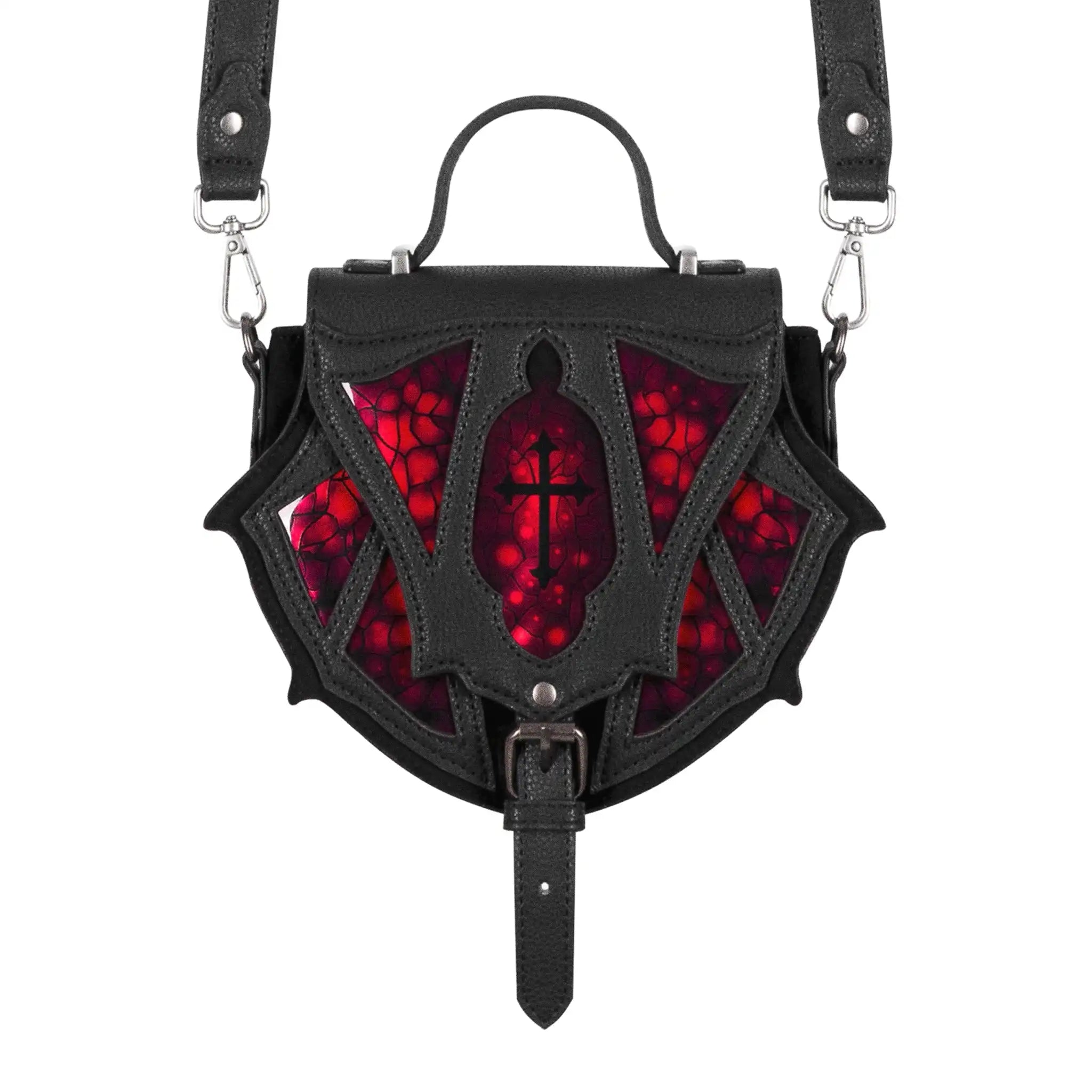 Bolso bandolera y bolso de mano pequeño con detalles de vitrales rojos sobre piel sintética negra modelo Bloodspire de Restyle vista frontal