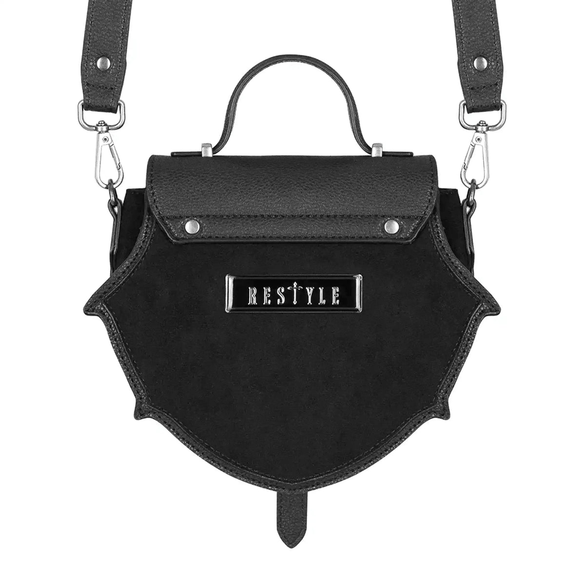 Bolso bandolera y bolso de mano pequeño con detalles de vitrales rojos sobre piel sintética negra modelo Bloodspire de Restyle vista posterior