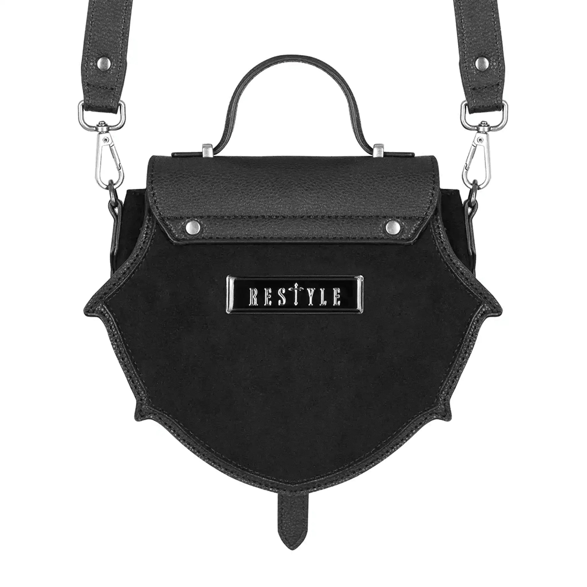 Bolso bandolera y bolso de mano pequeño con detalles de vitrales rojos sobre piel sintética negra modelo Bloodspire de Restyle vista posterior