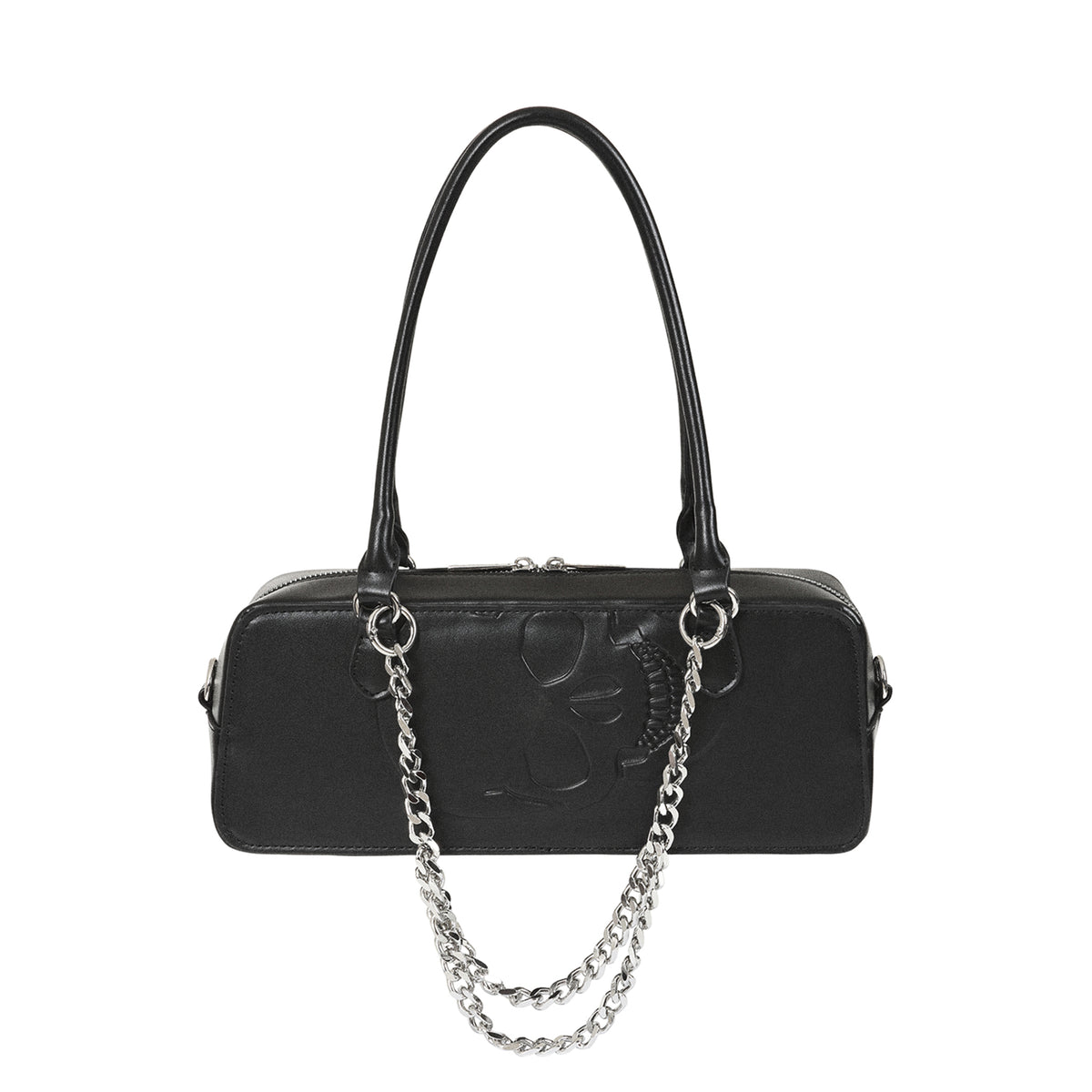 Bolso de hombro gótico alargado con una calavera en relieve y una cadena decorativa plateada.